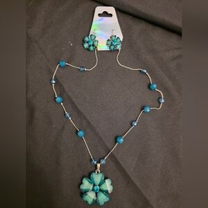 Blue and Teal floral crystal necklace and earrings set